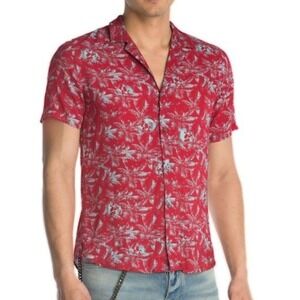 The Kooples Sunrise Fitted Hawaiian Shirt Mens Medium Red Palm‎ Print